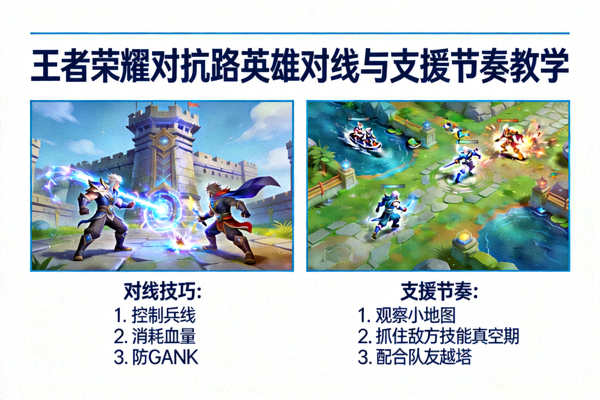 王者荣耀对抗路英雄对线与支援节奏教学画面